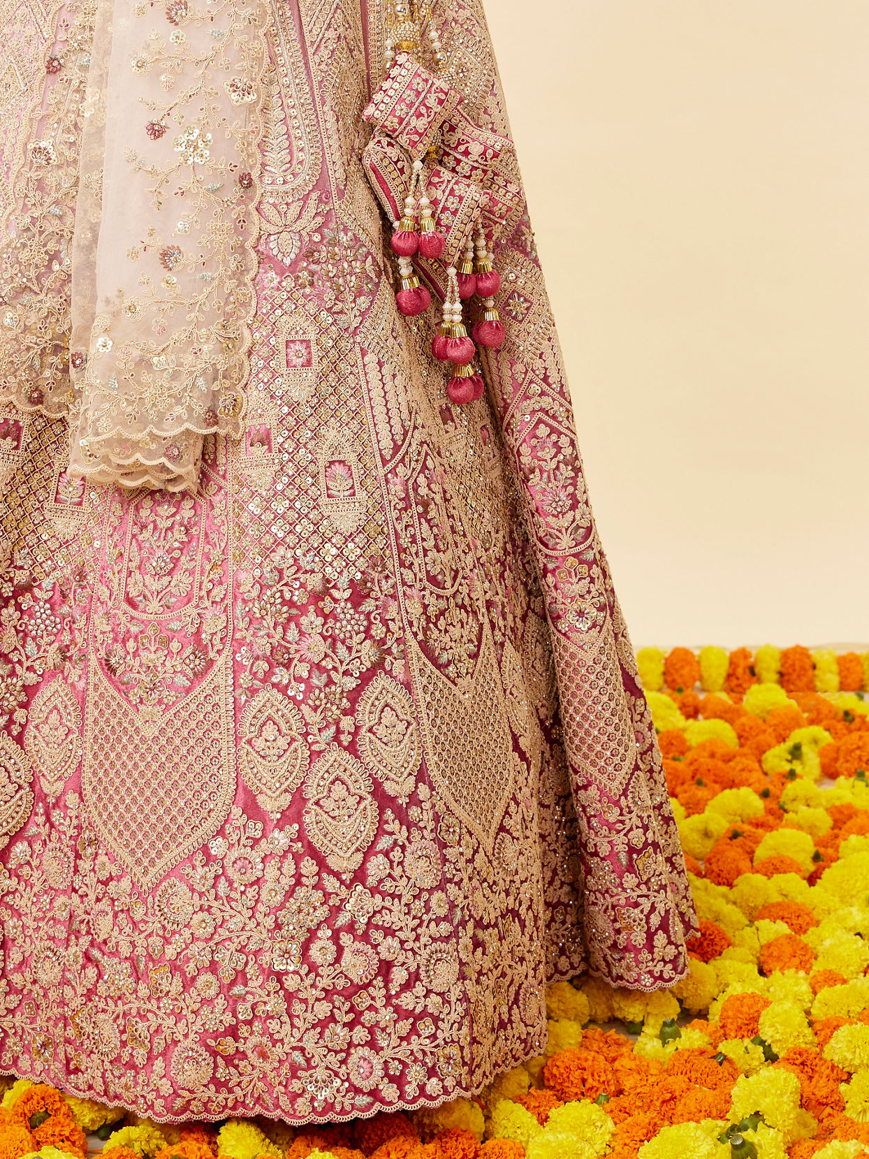 Coral Pink Bel Buti Embroidered Bridal Lehenga image number 4